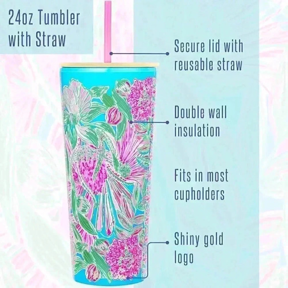 LILLY PULITZER Double Wall TUMBLER / 24oz “COMING IN HOT” Brand New With Straw - Picture 3 of 5